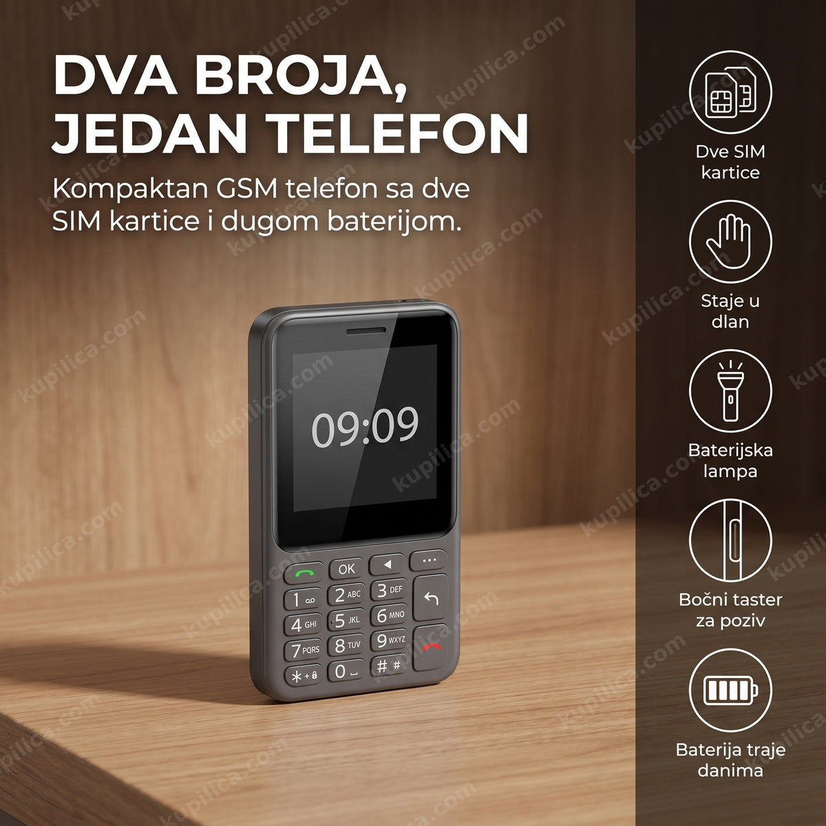 mini telefon dual sim sa tastaturom i satom na ekranu