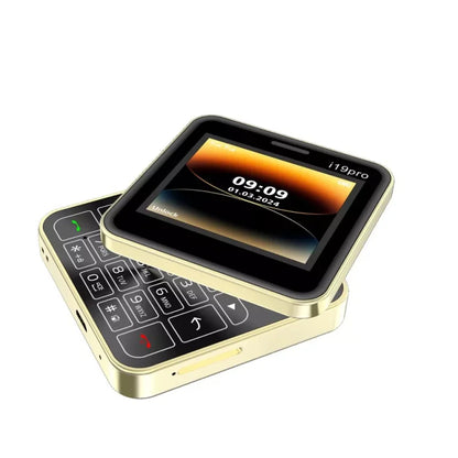 mini telefon i19 Pro dual sim u zlatnoj boji sa otvorenim ekranom i tastaturom