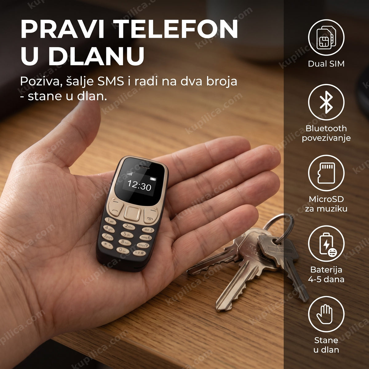 mini telefon u dlanu pored ključeva - benefiti proizvoda