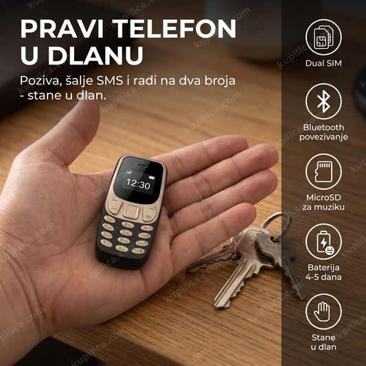 mini telefon u dlanu pored ključeva - benefiti proizvoda