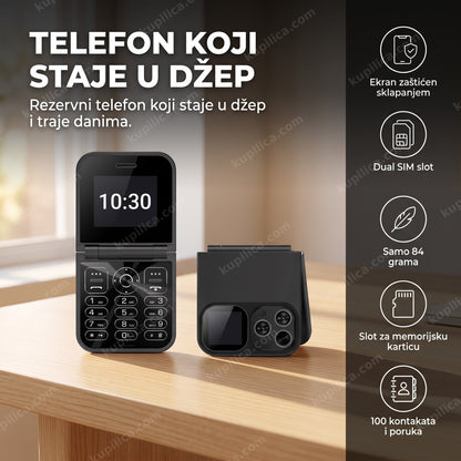 Mini telefon na preklop sklopljen i otvoren na stolu sa satom na ekranu