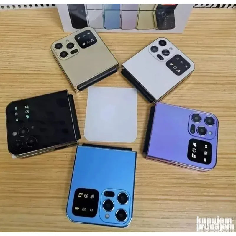 pet mini telefona na preklop u zlatnoj, beloj, crnoj, ljubičastoj i plavoj boji na stolu