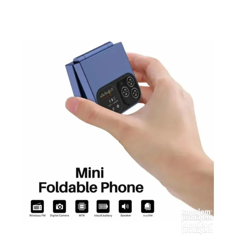 plavi mini telefon na preklop u ruci, delimično otvoren sa prikazom ekrana