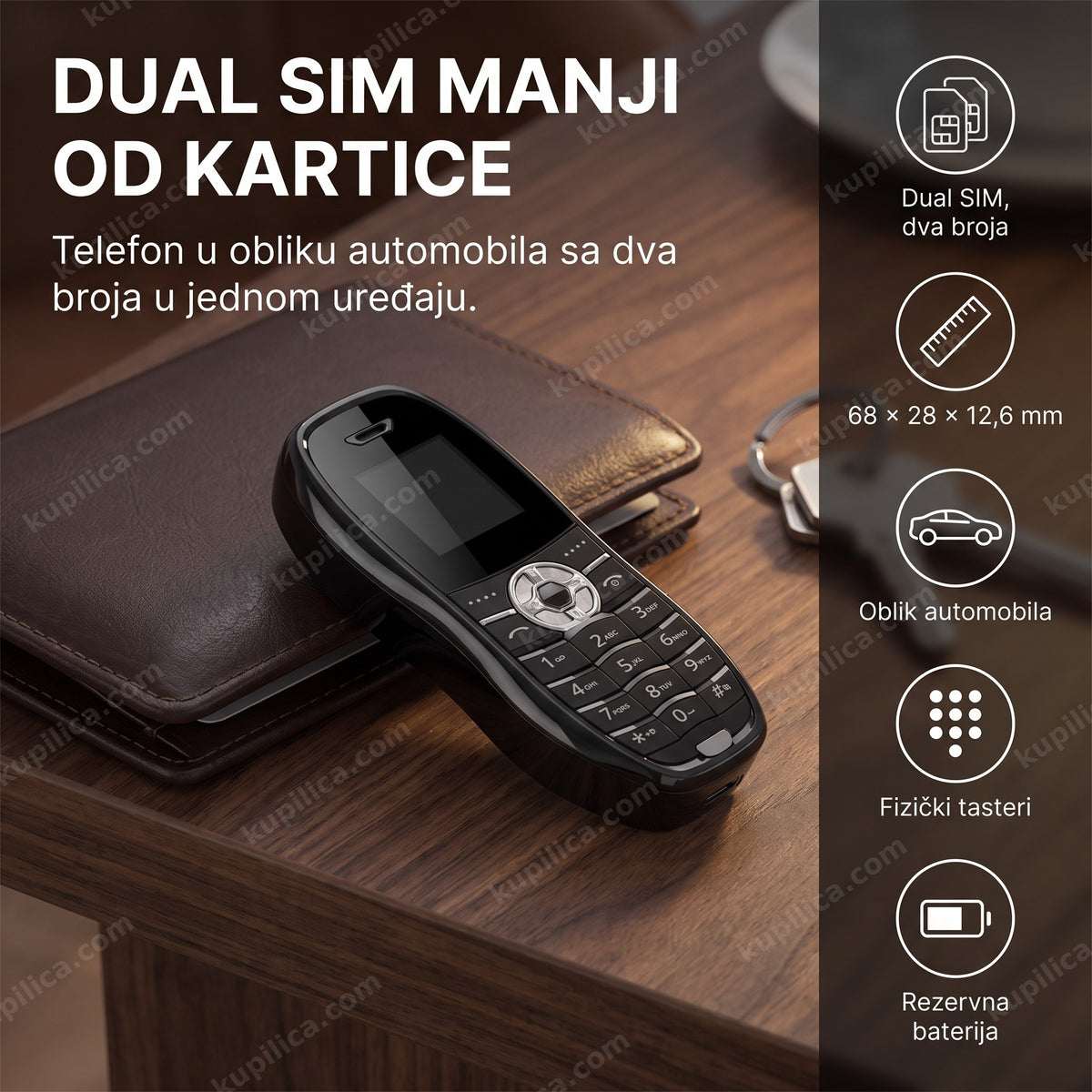 crni mini telefon u obliku automobila sa ugašenim ekranom na stolu