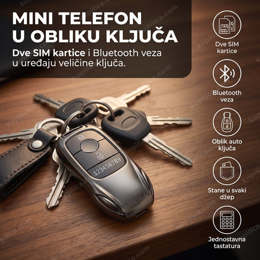 Mini telefon u obliku auto ključa pored pravih ključeva na stolu, benefiti proizvoda