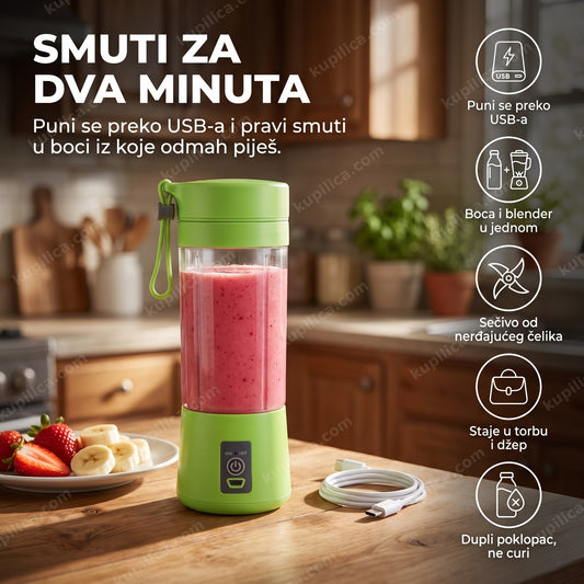 mini usb blender za poneti sa svežim smutijem na kuhinjskom pultu, benefiti proizvoda