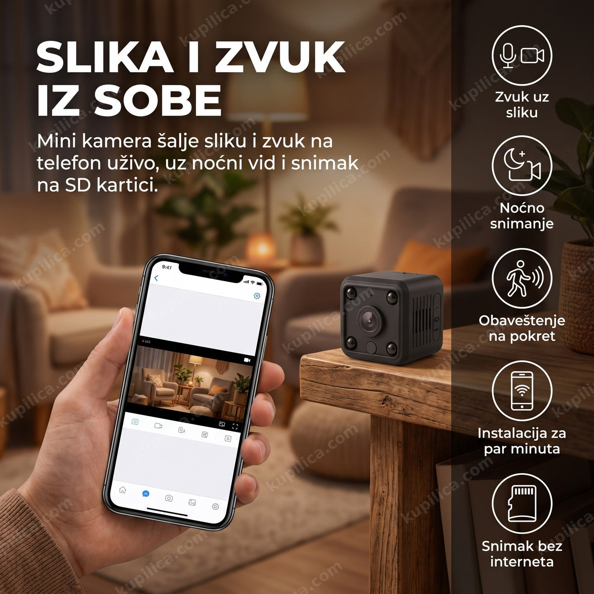 mini wifi kamera hd 1080p sa audio snimanjem — kamera na polici u sobi i prikaz uživo na telefonu, benefiti proizvoda