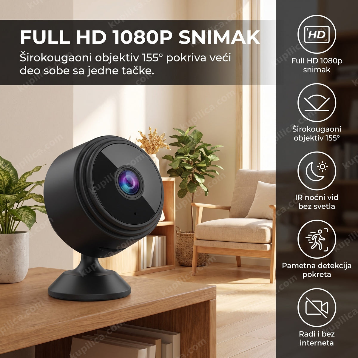mini wifi kamera na polici dnevne sobe kao kućni video nadzor, benefiti proizvoda
