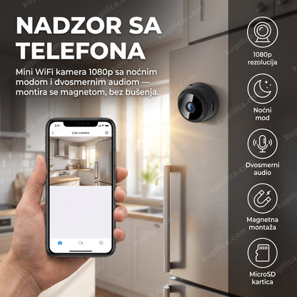 Mini WiFi kamera A9 1080p — odrasla osoba prati sliku iz stana na telefonu preko aplikacije, kamera montirana magnetom na frižideru