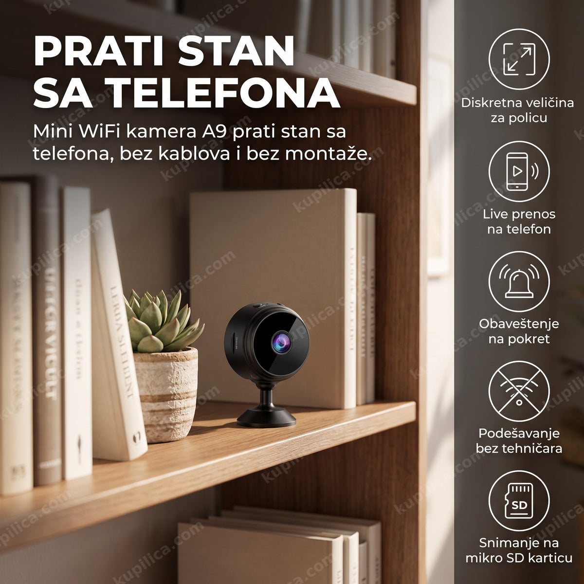 mini wifi kamera A9 — diskretna kamera na polici u dnevnoj sobi, benefiti proizvoda