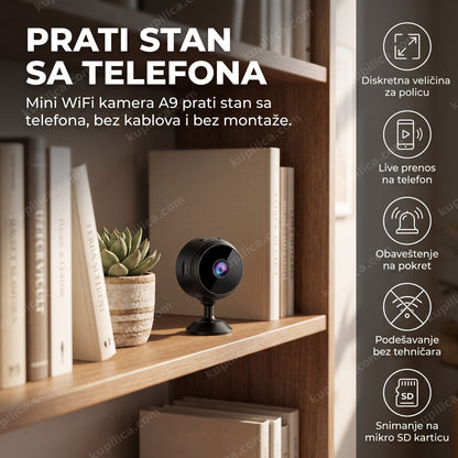 mini wifi kamera A9 — diskretna kamera na polici u dnevnoj sobi, benefiti proizvoda