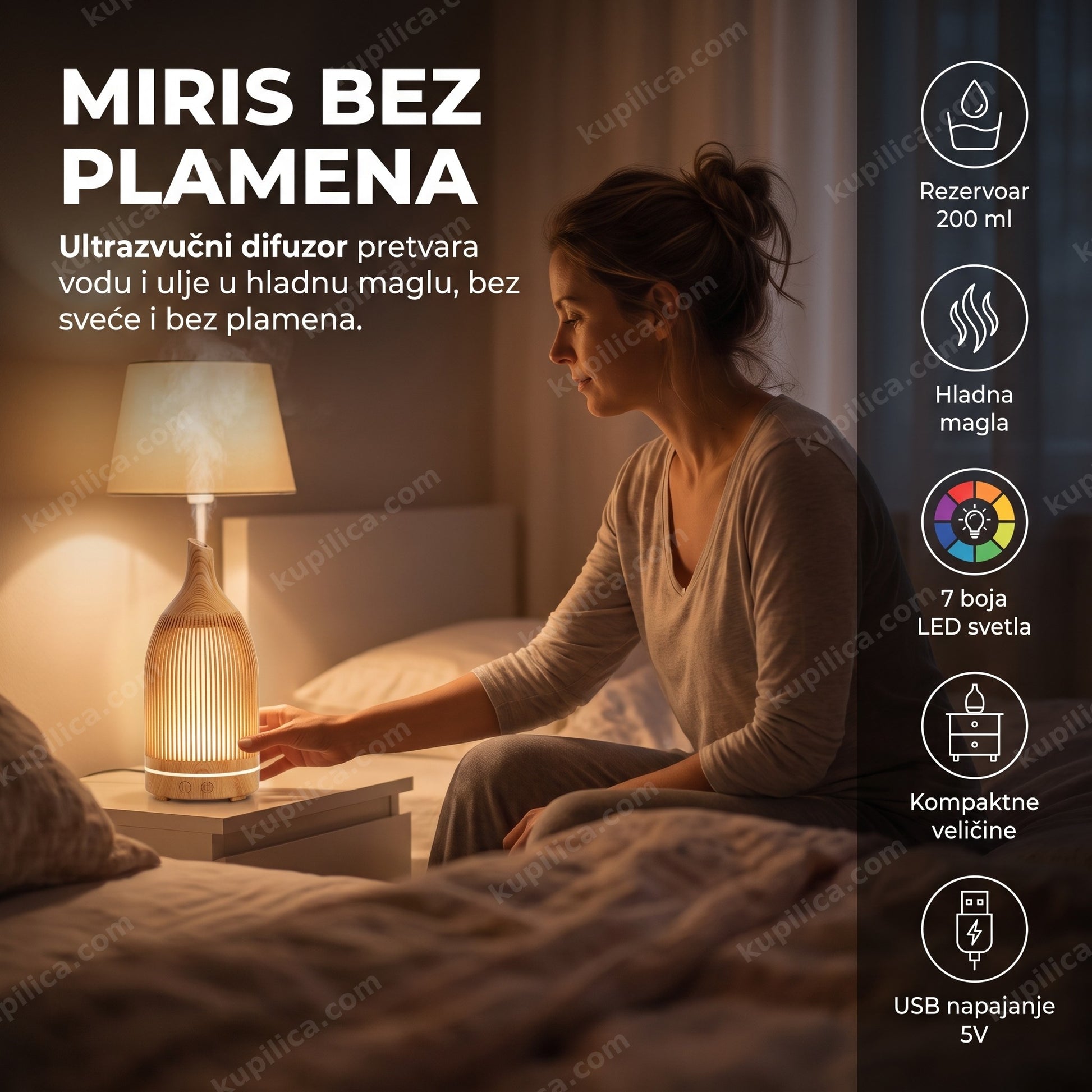 miris bez plamena — drveni aroma difuzor KP-2206 sa LED svetlom na noćnom stočiću, benefiti proizvoda