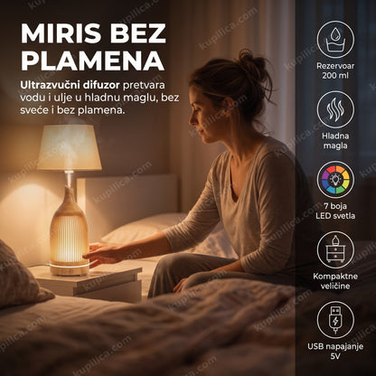 miris bez plamena — drveni aroma difuzor KP-2206 sa LED svetlom na noćnom stočiću, benefiti proizvoda