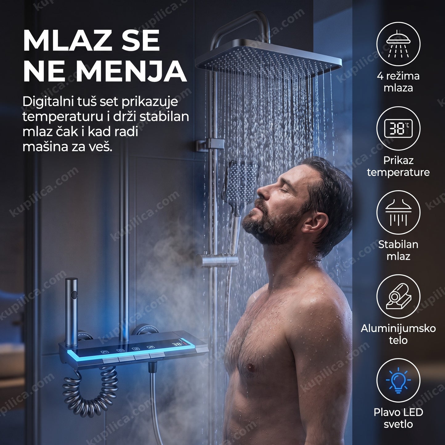 mlaz se ne menja — tuširanje pod digitalnim tuš setom sa LED ekranom i plavim svetlom, benefiti proizvoda