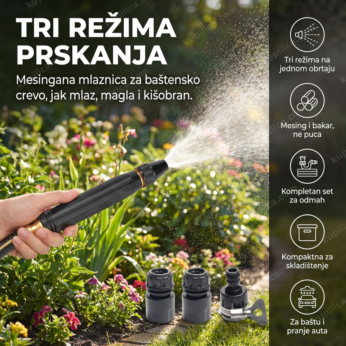 crna mesingana mlaznica za baštensko crevo sa tri režima prskanja u bašti, benefiti proizvoda