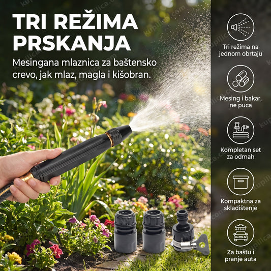 crna mesingana mlaznica za baštensko crevo sa tri režima prskanja u bašti, benefiti proizvoda