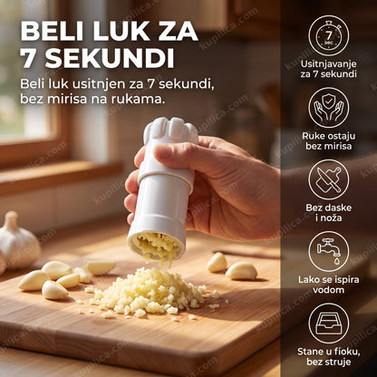 mlin za beli luk sa usitnjenim belim lukom na dasci, benefiti proizvoda