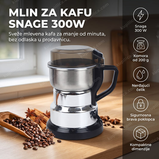srebrni mlin za kafu snage 300w sa zrnima kafe i cimetom na stolu