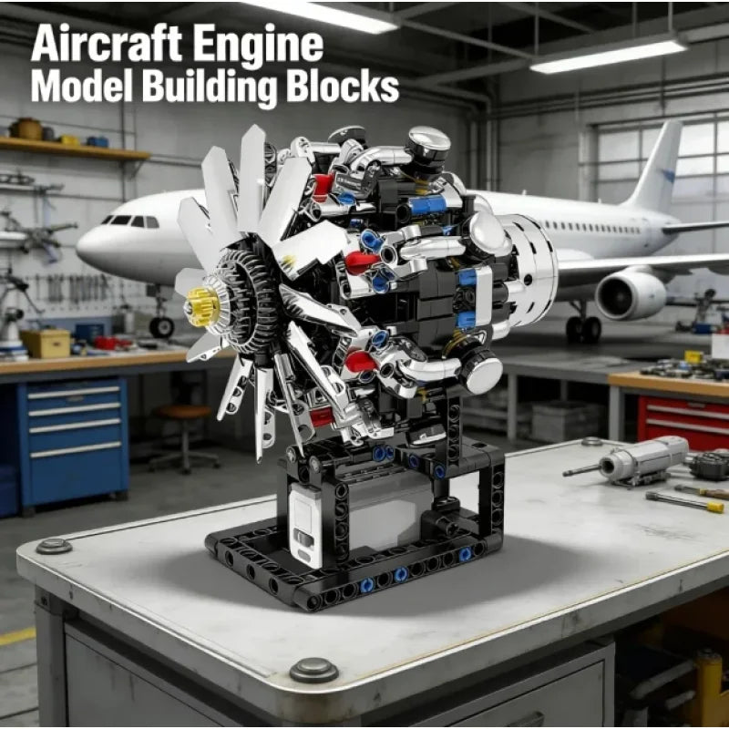 Set kockica za avionski motor, pogled sa zadnje strane sa elisom i cilindrima