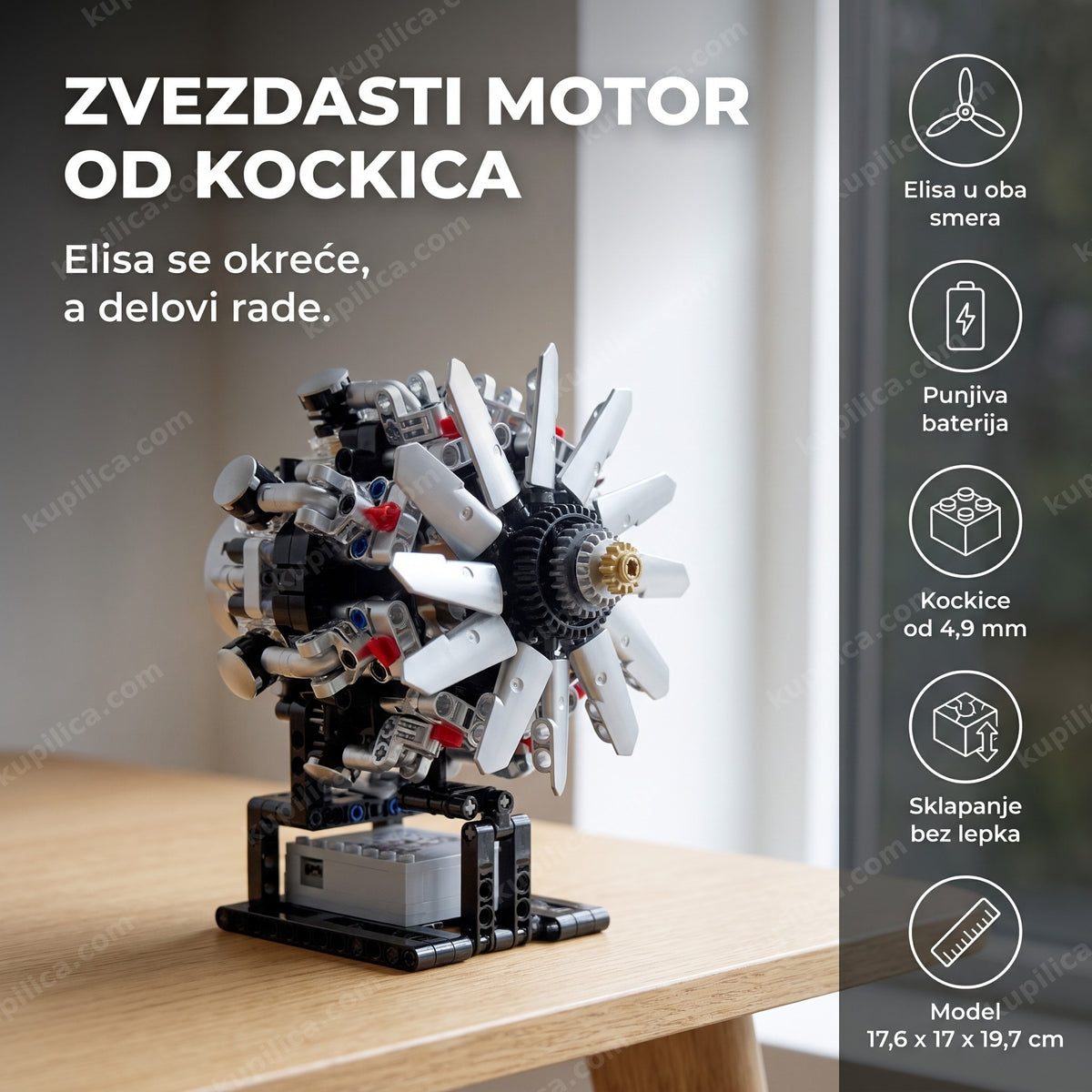 model avionskog motora sa elisom od kockica na radnom stolu pored prozora