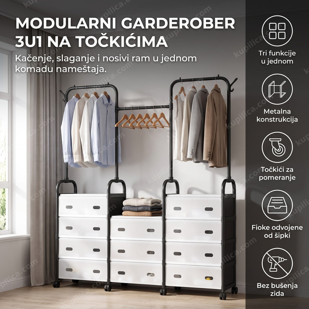 metalni modularni garderober 3u1 sa fiokama i šipkama za odeću u sobi