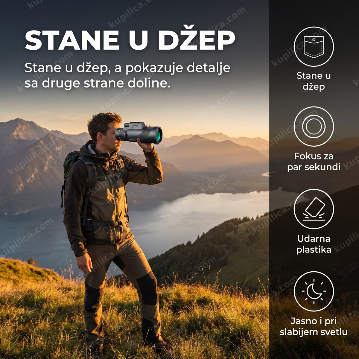 monokularni teleskop u ruci osobe koja posmatra planinski pejzaž, benefiti proizvoda
