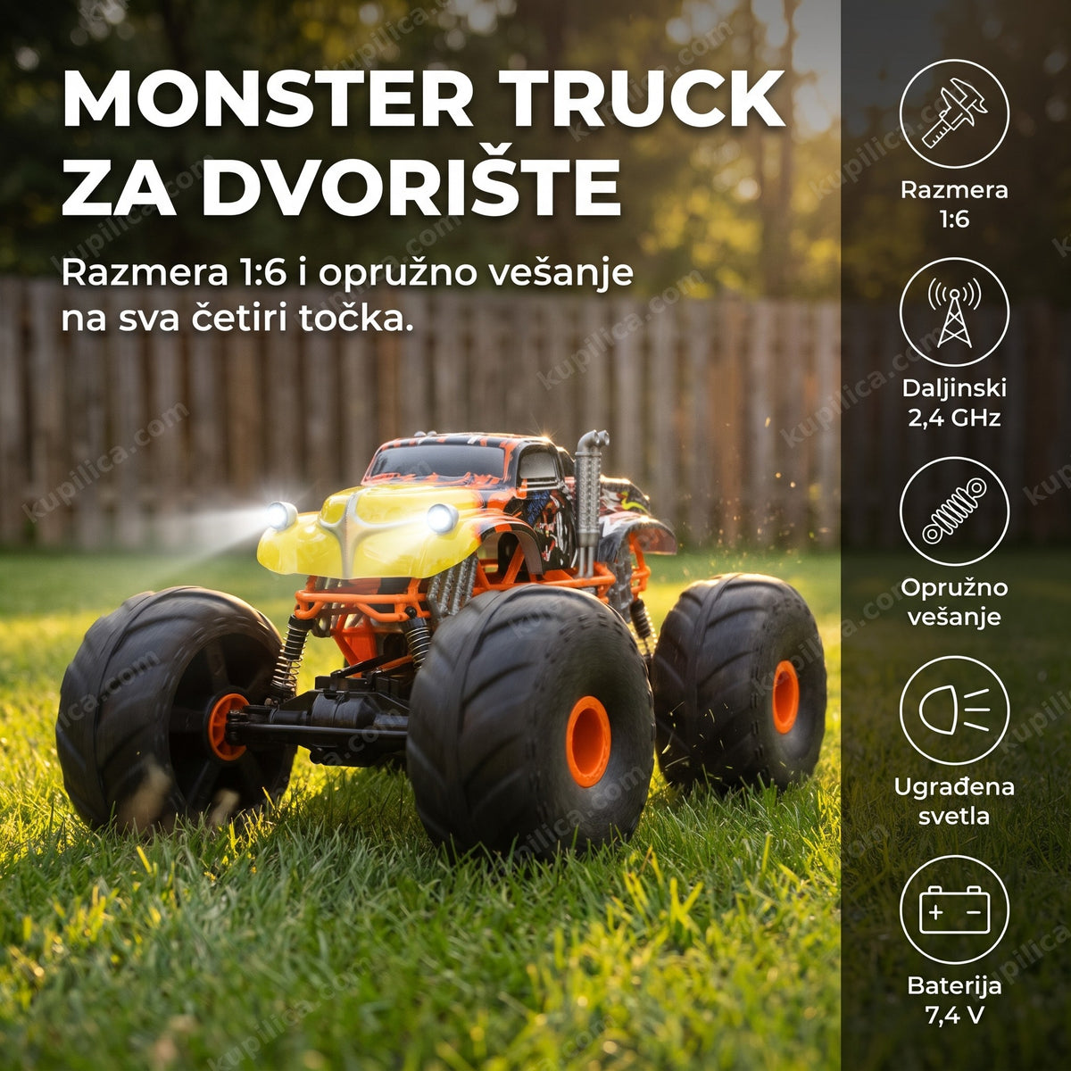 monster truck rc kamion sa svetlima na travi u dvorištu u sumrak