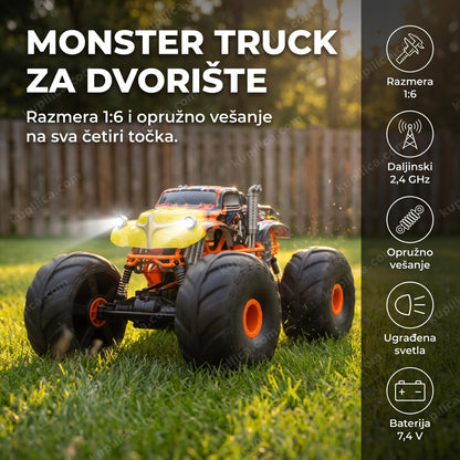 monster truck rc kamion sa svetlima na travi u dvorištu u sumrak