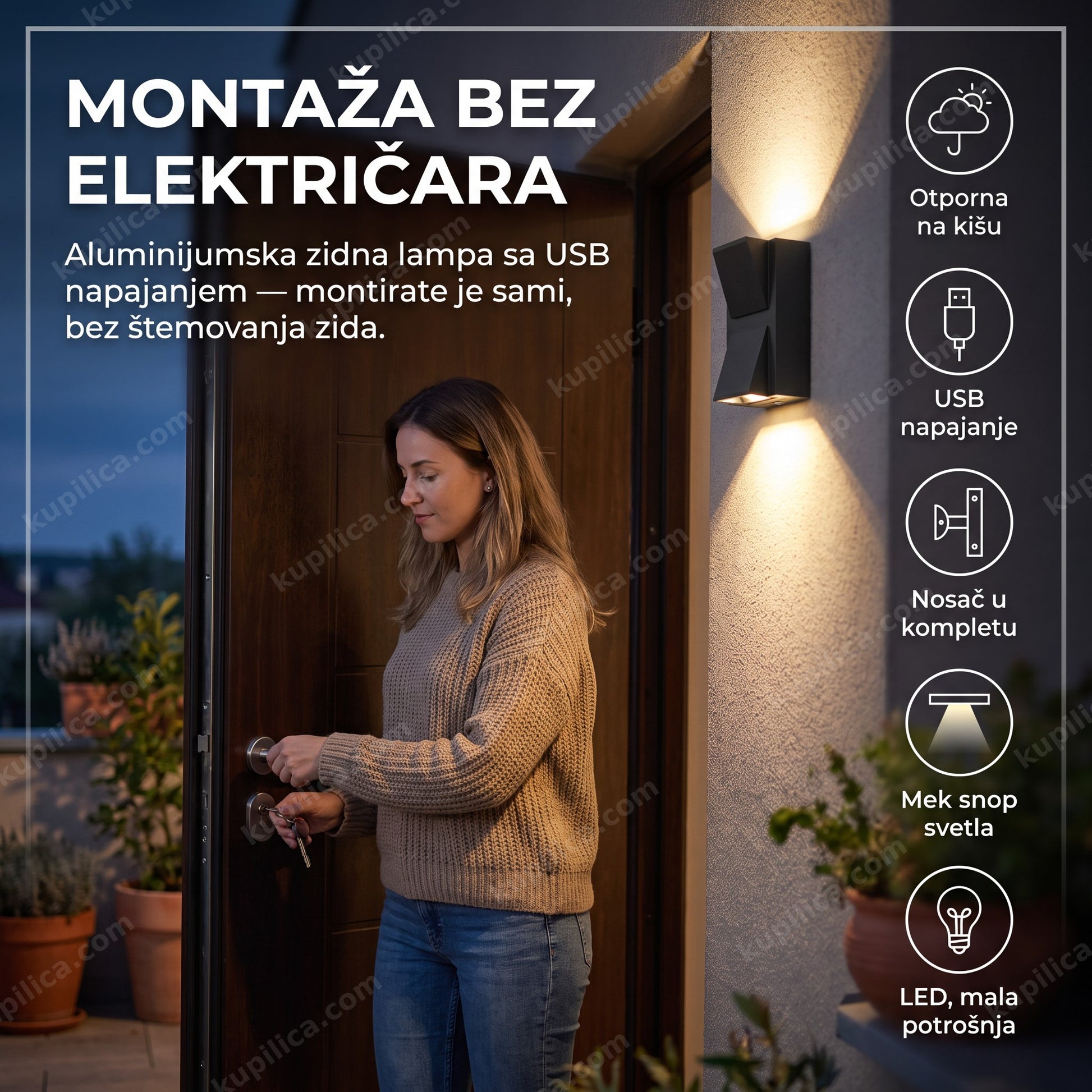 montaža bez električara — zidna lampa osvetljava terasu u sumrak pored ulaznih vrata, benefiti proizvoda