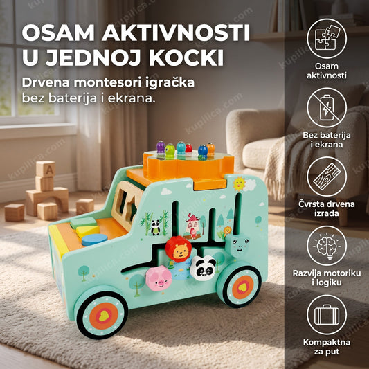 Drvena montesori kocka sa osam aktivnosti na tepihu dečje sobe, benefiti proizvoda