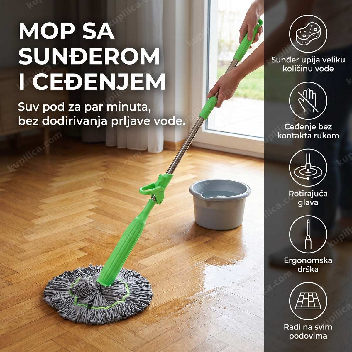 zeleni mop sa sunđerom i sistemom ceđenja za pranje parketa u dnevnoj sobi, benefiti proizvoda