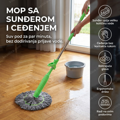 zeleni mop sa sunđerom i sistemom ceđenja za pranje parketa u dnevnoj sobi, benefiti proizvoda