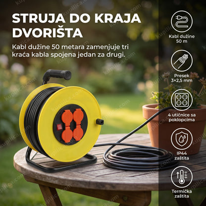 žuta motalica sa odmotanim produžnim kablom od 50 metara u dvorištu