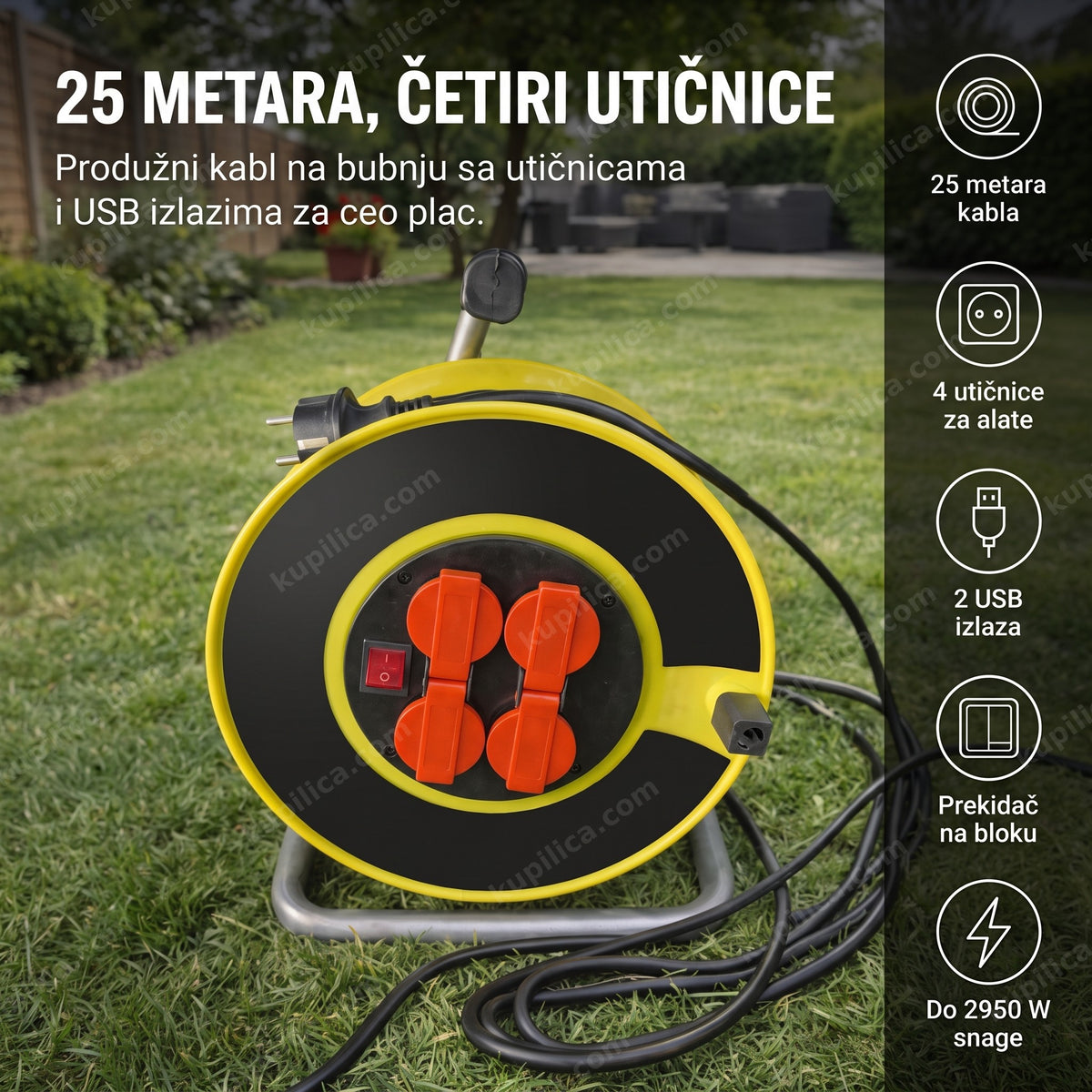 žuta motalica za kabl sa utičnicama i USB izlazima u dvorištu