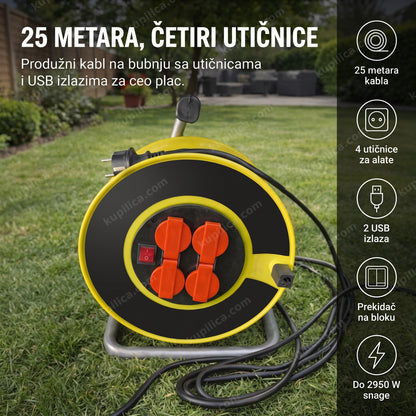 žuta motalica za kabl sa utičnicama i USB izlazima u dvorištu