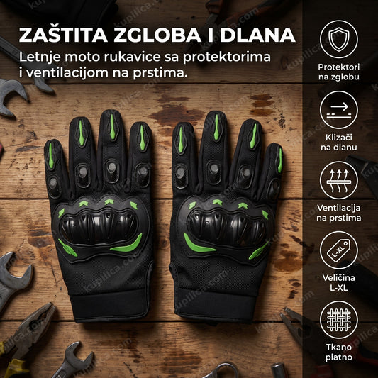 moto rukavice sa protektorima položene na drvenoj radnoj površini u garaži
