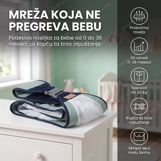mrežasta nosiljka za bebe presavijena na belom stočiću u svetloj dečjoj sobi