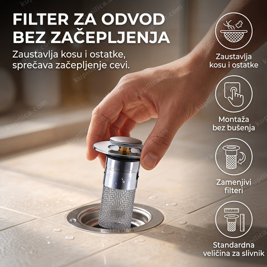 mrežasti filter za odvod postavljen u tuš slivnik u kupatilu, prikaz benefiti proizvoda