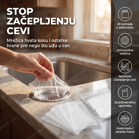 mrežice za odvod sudopere postavljene preko slivnika u kuhinji, benefiti proizvoda