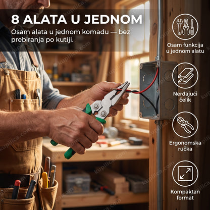multifunkcionalna klešta 8u1 u ruci pri seckanju žice u garaži, benefiti proizvoda