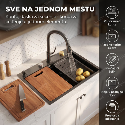 Multifunkcionalna sudopera sa daskom i korpom u modernoj kuhinji, prikaz benefita proizvoda