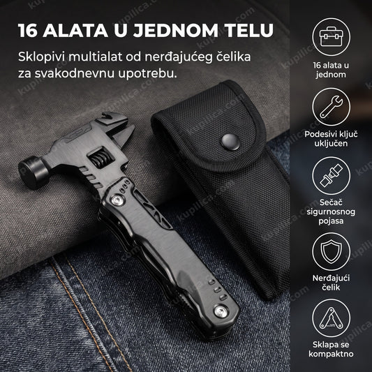 sklopljeni crni multifunkcionalni alat 16 u 1 sa futrolom na radnom stolu
