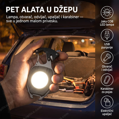 multifunkcionalni privezak alat sa lampom u ruci pored automobila noću, prikaz benefiti proizvoda