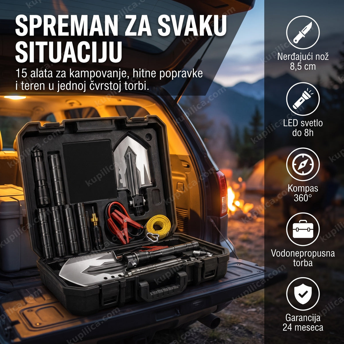 Multifunkcionalni vojni set 15 u 1 otvoren u koferu sa alatom