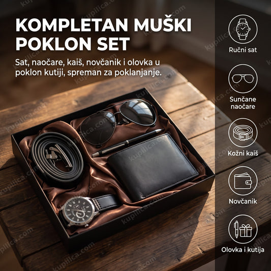 muški poklon set 5u1 sa satom naočarima kaišem i novčanikom u kutiji, benefiti proizvoda