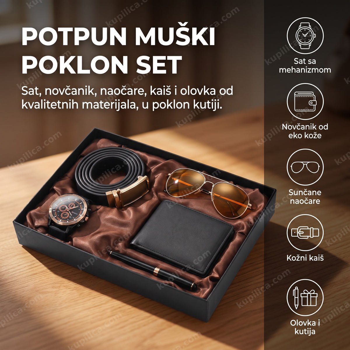 muški poklon set 5u1 sa satom kaišem i novčanikom u poklon kutiji, benefiti proizvoda