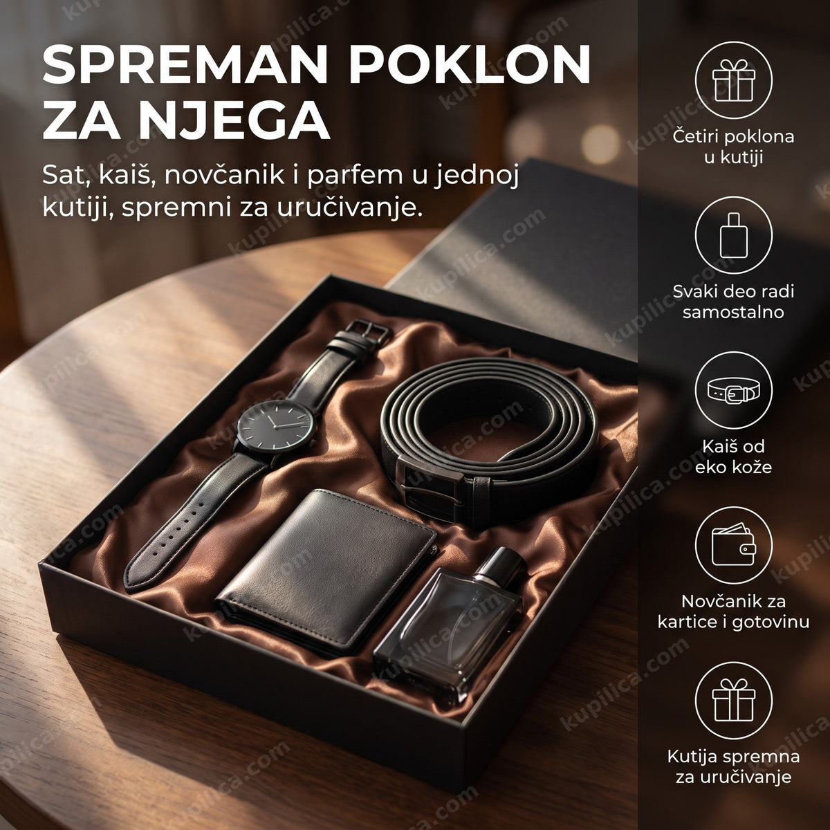muški poklon set sa satom, kaišem, novčanikom i parfemom u kutiji, benefiti proizvoda