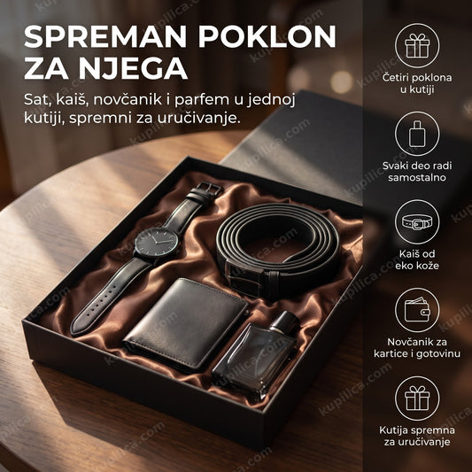 muški poklon set sa satom, kaišem, novčanikom i parfemom u kutiji, benefiti proizvoda