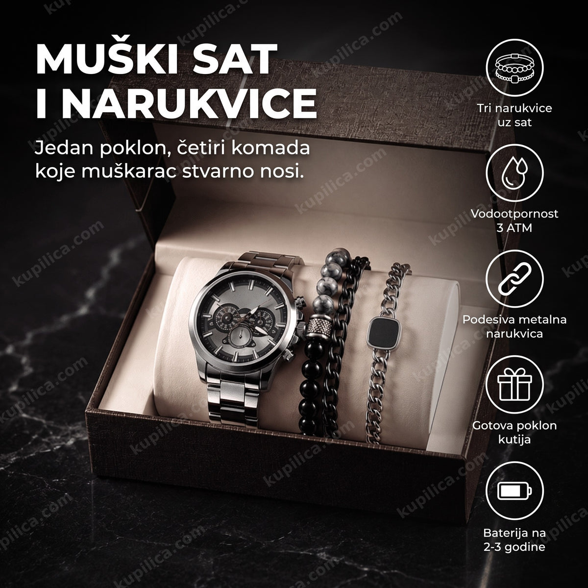Muški sat sa tri narukvice u poklon kutiji na tamnoj podlozi, benefiti proizvoda