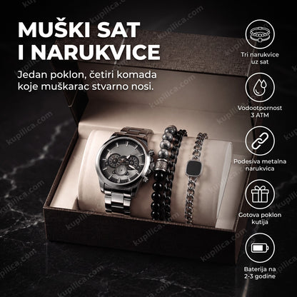 Muški sat sa tri narukvice u poklon kutiji na tamnoj podlozi, benefiti proizvoda